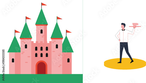 Fairy Tale Castle and Waiter Service Concept with Medieval Palace Building and Man Carrying Tray Hospitality Flat Vector Illustration Set