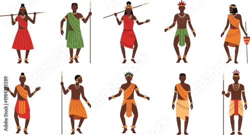 African Tribal People Characters Set with Traditional Clothing Dancing Warriors and Cultural Ethnic Costume Collection Flat Vector Illustration