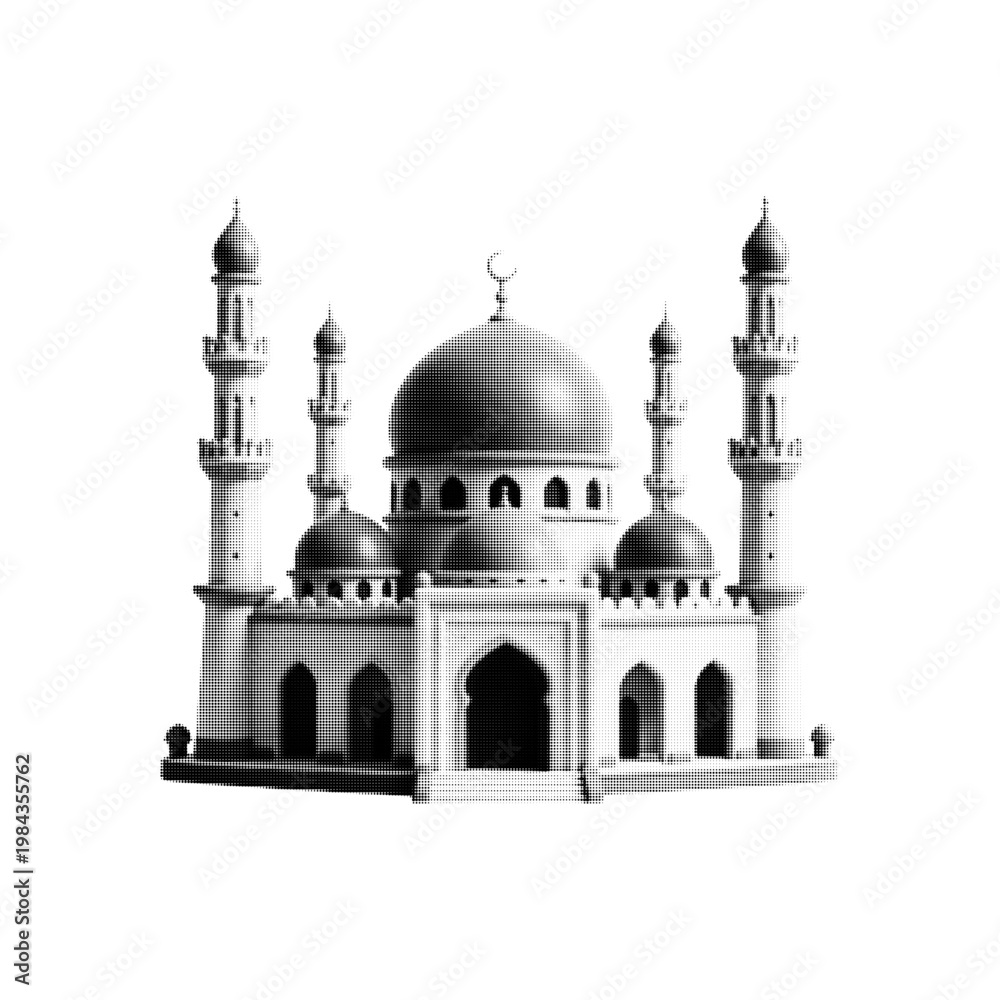 Fototapeta premium Black and white halftone illustration of a mosque with domes and minarets, symbolizing Islamic architecture, religion, culture, and places of worship.
