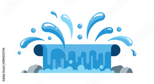A vibrant illustration depicts water splashing from a blue container forming dynamic droplets and curves silhouette high quality professional detailed modern