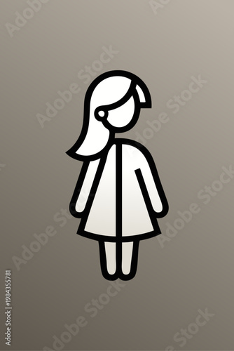 Logotipo de boutique de moda femenina. Dibujo minimalista con líneas de una mujer de pie con un vestido, vista de frente