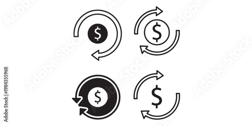 Set of four black and white icons depicting dollar sign with circular arrows