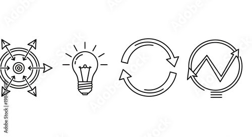 Four line icons illustrating target precision, bright idea, circular recycling, and evaluation in a clean vector style.