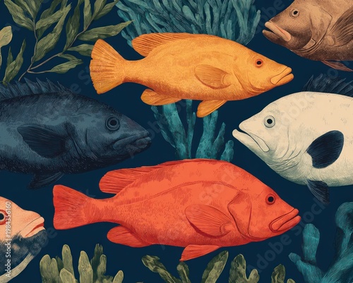vintage engraving illustration various fish species swimming underwater marine life ocean ecosystem antique scientific fish art drawing concept