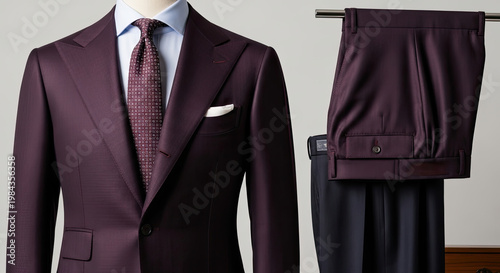 A well-tailored burgundy suit with matching trousers and accessories on display