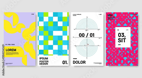 Abstract graphic design poster collection featuring vibrant colors, diverse patterns, and minimalist layouts, ideal for contemporary visual communication projects