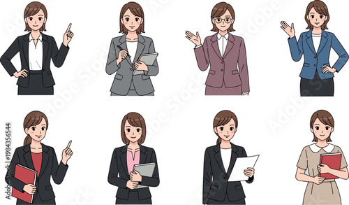 Business Woman Vector Set in Professional Attire with Documents, Poses, and Gestures for Office, Corporate, and Business Illustrations