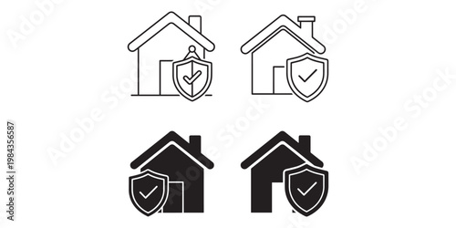 Set of house icons with shield and checkmark for security and protection