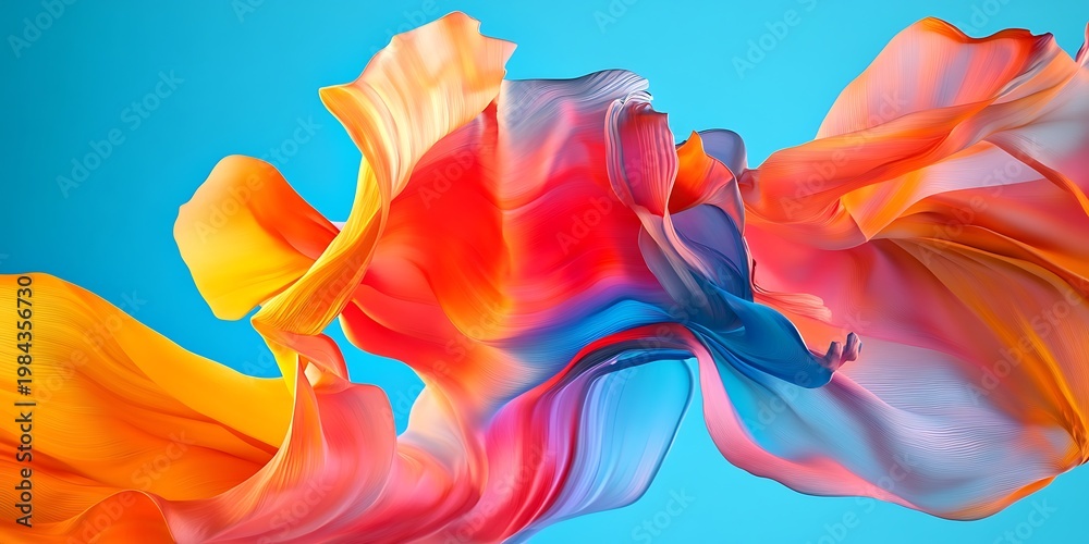 Fototapeta premium Abstract visualization of vibrant flowing liquid silk fabric material undulating dynamically against a bright cyan blue background suggesting motion and energy