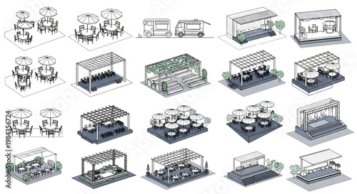 Outdoor Dining and Event Area Blueprint Icon Set – Multi View AutoCAD Landscape Technical Color Vector Drawings Light Green Ash Blue