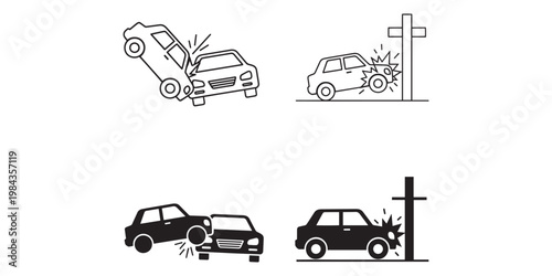 Vector illustrations of various car crash scenes and accidents