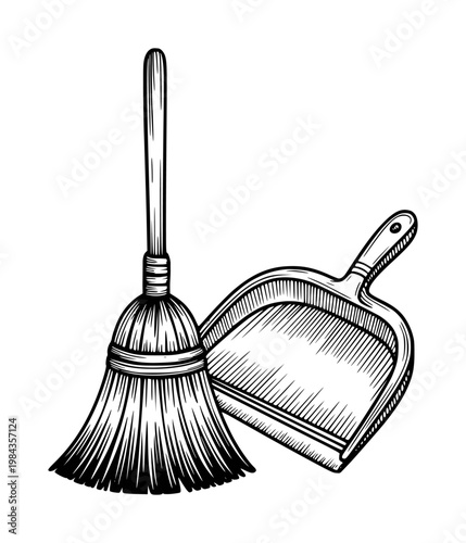 Vintage black and white of a broom and dustpan for cleaning retro
