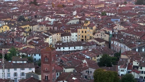 Aerial view of the main square, Piazza dell'Anfiteatro, in Lucca, Tuscany, Italy. Medieval Historical Center at Twilight