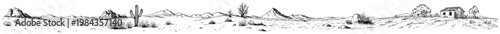 Desert landscape panorama vector sketch, Hand drawn wild west desert horizon with cactus and hills, Vintage engraving nature scenery
