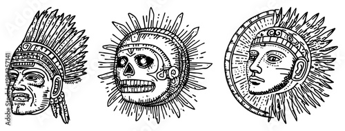 Aztec and Mayan tribal symbols vector set, Hand drawn mexican culture icons with chief and sun mask, Ancient civilization engraving style
