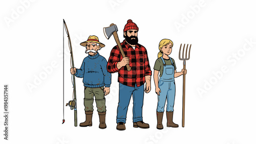 Fisherman Lumberjack and Farmer Characters with Tools Illustration
