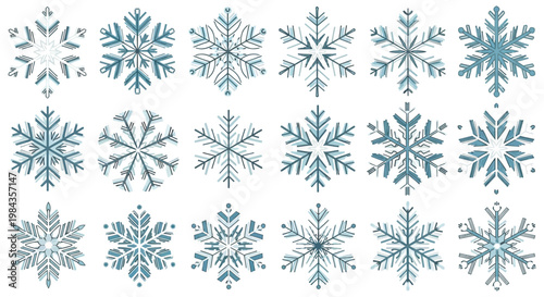 A collection of delicate teal colored snowflake illustrations arranged on a white background forming a wintery scene silhouette high quality professional detailed