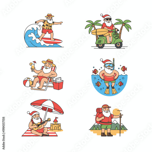 Santa Claus Summer Vacation and Holiday Activities Vector Set