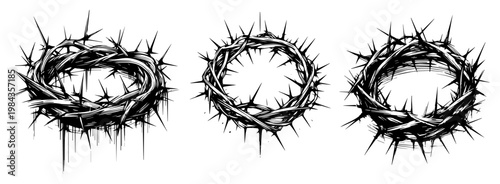 Crown of thorns set vector illustration, Hand drawn religious symbols of Jesus Christ passion, Vintage engraved christianity icons