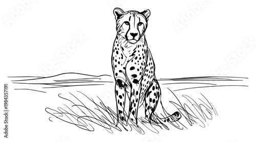 Cheetah sitting in savannah landscape vector illustration, Hand drawn wild big cat safari wildlife sketch, Vintage feline predator