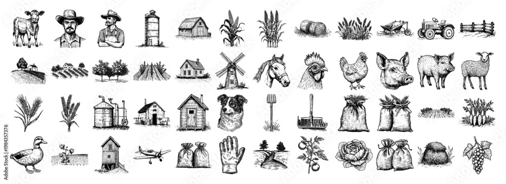 Obraz premium Agriculture and farm icons set vector illustration, Hand drawn rural symbols with livestock animals tractor barn and farmers, Vintage engraving collection