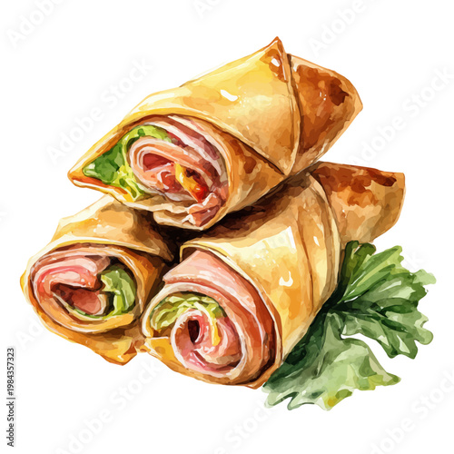Peking Duck Rolls watercolor vector illustration, high-quality artwork isolated on a pure white background.