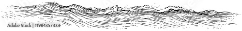 Ocean waves sea surface panorama vector illustration, Hand drawn nautical water ripples and tide, Vintage woodcut maritime horizon sketch