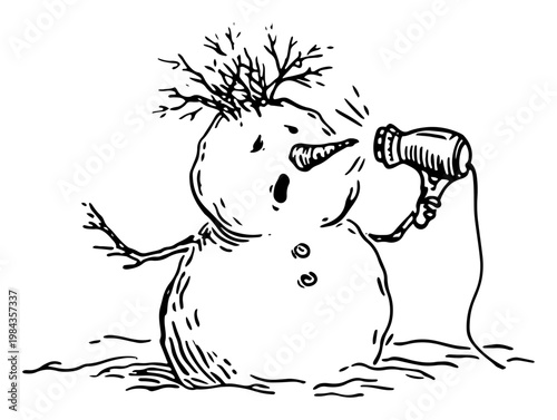 Funny snowman melting with hair dryer vector illustration, Humorous winter concept sketch, Creative global warming irony art
