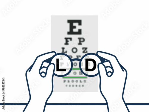 Hands holding glasses in front of blurry Snellen eye chart