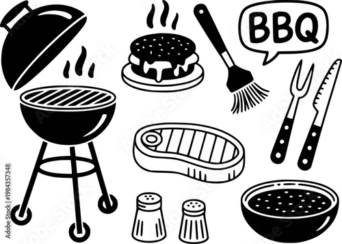 Black and white bbq grill, burger, steak, utensils, and condiments food