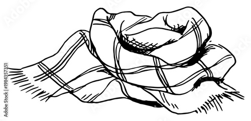 Plaid scarf vector sketch, Hand drawn winter accessory checkered shawl, Cozy autumn clothing illustration vintage style