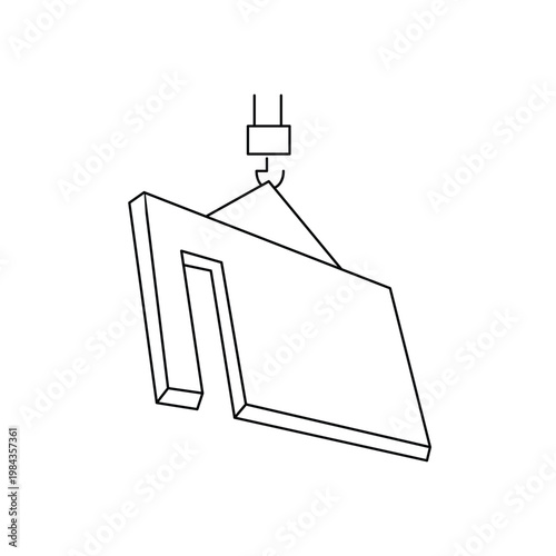 Crane lifting precast concrete wall panel with window opening for modular building house construction.Editable stroke, Vector illustration, Line art Icon, Symbols.