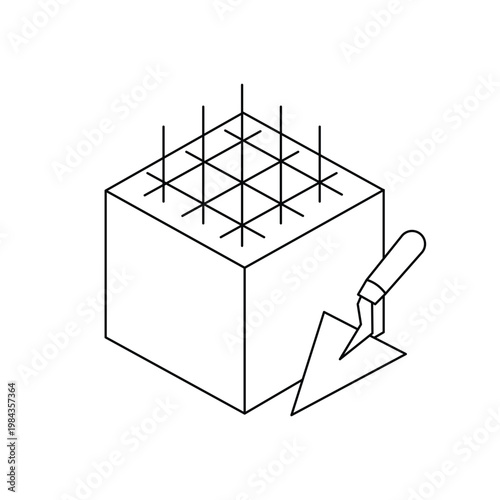 Concrete block with reinforcement steel bars and construction trowel tool for masonry building work.Editable stroke, Vector illustration, Line art Icon, Symbols.