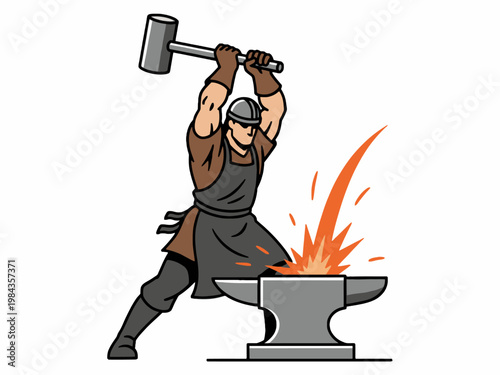Blacksmith hammering hot metal on anvil vector illustration