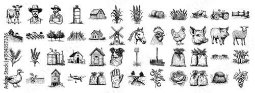 Agriculture and farm icons set vector illustration, Hand drawn rural symbols with livestock animals tractor barn and farmers, Vintage engraving collection