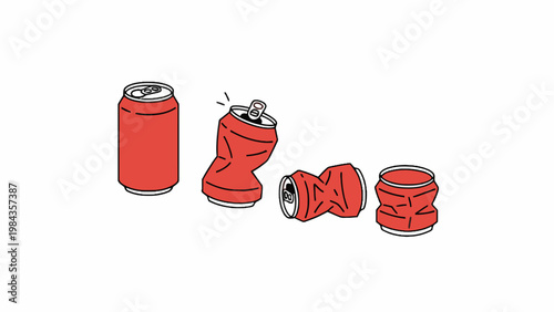 Red Crushed Aluminum Cans Set for Recycling
