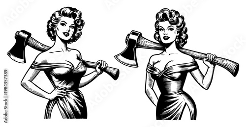 Retro pin-up woman with axe vector illustration, Vintage lady woodcutter character, Hand drawn mid-century female lumberjack sketch