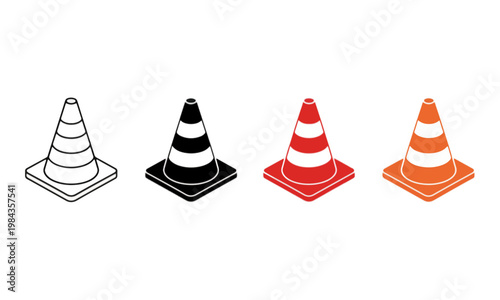 Traffic safety cone icon set in outline and flat design styles