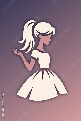 Logotipo de boutique de moda femenina. Dibujo minimalista con silueta de una chica de perfil con un vestido corto