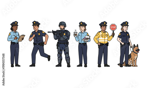 Police officer character collection in various law enforcement roles