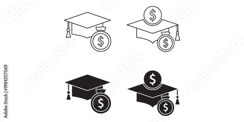 Four icons of graduation caps with dollar signs on white background