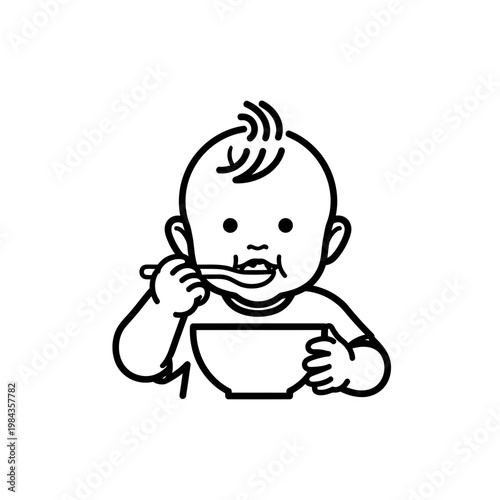 Minimalist Line Art Vector Illustration of a Baby Eating with a Spoon