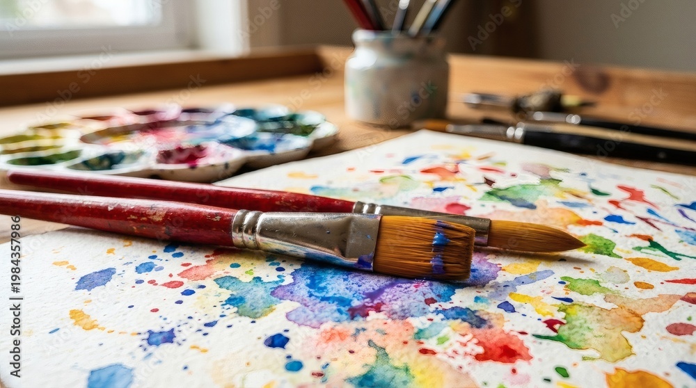 Fototapeta premium Artistic Workspace Palette with Brushes, and and Watercolor Splashes on Wood Table.