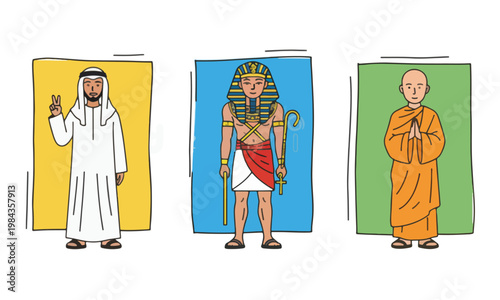 Arab man, Egyptian pharaoh, and Buddhist monk standing in frames