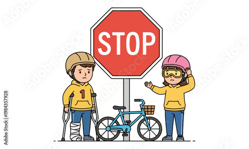 Injured boy on crutches and girl with bike near stop sign