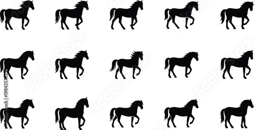 Set of horse silhouettes in walking and trotting poses with white background silhouettes trotting