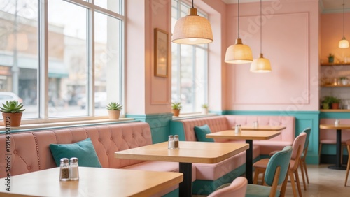 Interior of a pastelcolored cafe