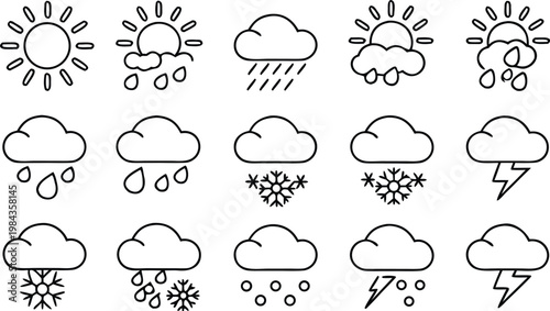 Set of 15 weather icons, sun, rain, cloud, snow, thunderstorm, forecast, meteorology, climate, temperature, thin line art design.