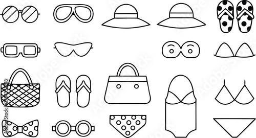 Womens beachwear and summer fashion vector line icons set featuring swimsuits bikinis beach bags sunglasses and sun hats for vacation and holiday shopping design.