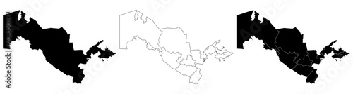 Outline map of Uzbekistan with regions,Uzbekistan map with administrative divisions ,High detailed map vector illustration,Silhouette black,Vector editable.